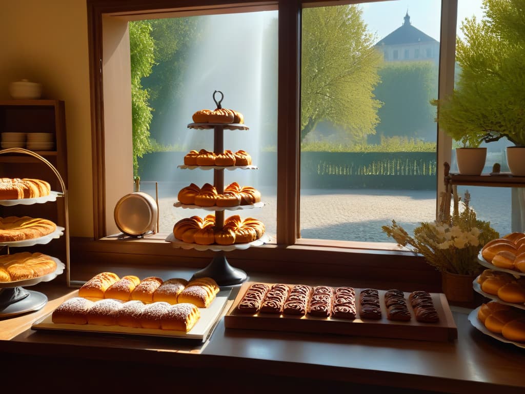  An ultradetailed image of a serene, sunlit kitchen in a traditional Parisian bakery, featuring a marble countertop adorned with a delicate array of freshly baked pastries in golden hues, a rustic wooden rolling pin, and a vintage copper stand mixer. Sunlight streams through a large window, casting a warm glow over the scene, while a subtle hint of powdered sugar dusts the air, adding a touch of magic to the inviting ambiance. The image captures the essence of a peaceful morning in a charming bakery, inviting viewers to immerse themselves in the art of pastrymaking in a picturesque setting. hyperrealistic, full body, detailed clothing, highly detailed, cinematic lighting, stunningly beautiful, intricate, sharp focus, f/1. 8, 85mm, (centered image composition), (professionally color graded), ((bright soft diffused light)), volumetric fog, trending on instagram, trending on tumblr, HDR 4K, 8K