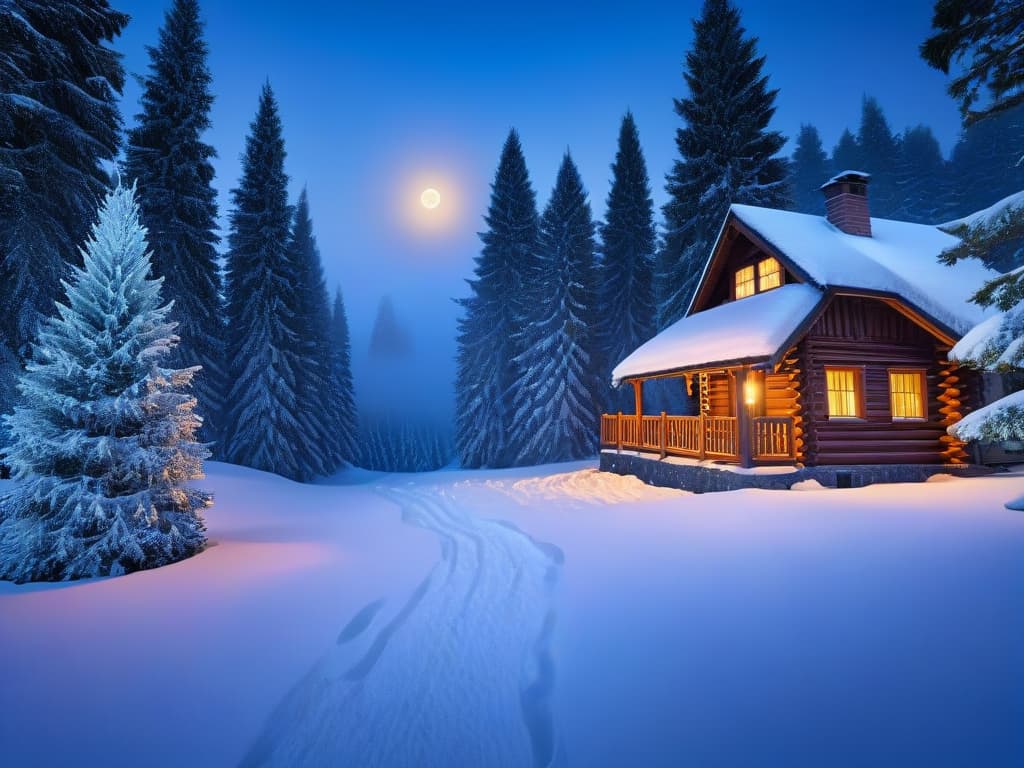  A stunningly detailed image of a delicate winter scene, featuring a serene snowcovered landscape with a cozy cabin nestled among tall pine trees. The soft glow of a warm fire emanates from the cabin's windows, casting a welcoming light onto the glistening snow. The sky above is a deep midnight blue, dotted with twinkling stars and a vibrant full moon, illuminating the peaceful winter scene with a touch of magic. hyperrealistic, full body, detailed clothing, highly detailed, cinematic lighting, stunningly beautiful, intricate, sharp focus, f/1. 8, 85mm, (centered image composition), (professionally color graded), ((bright soft diffused light)), volumetric fog, trending on instagram, trending on tumblr, HDR 4K, 8K