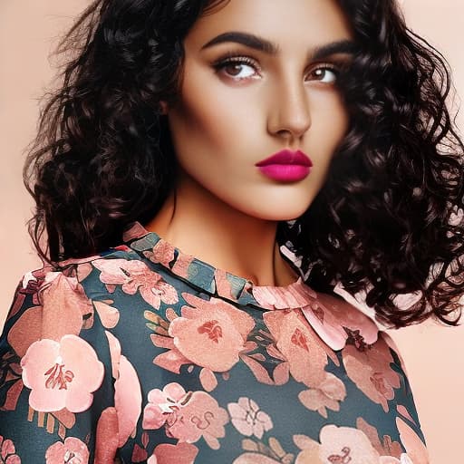  Woman with tanned skin, dark curly hair, dark brown eyes, full and slightly pink lips, round cheeks, wearing a flowery dress.