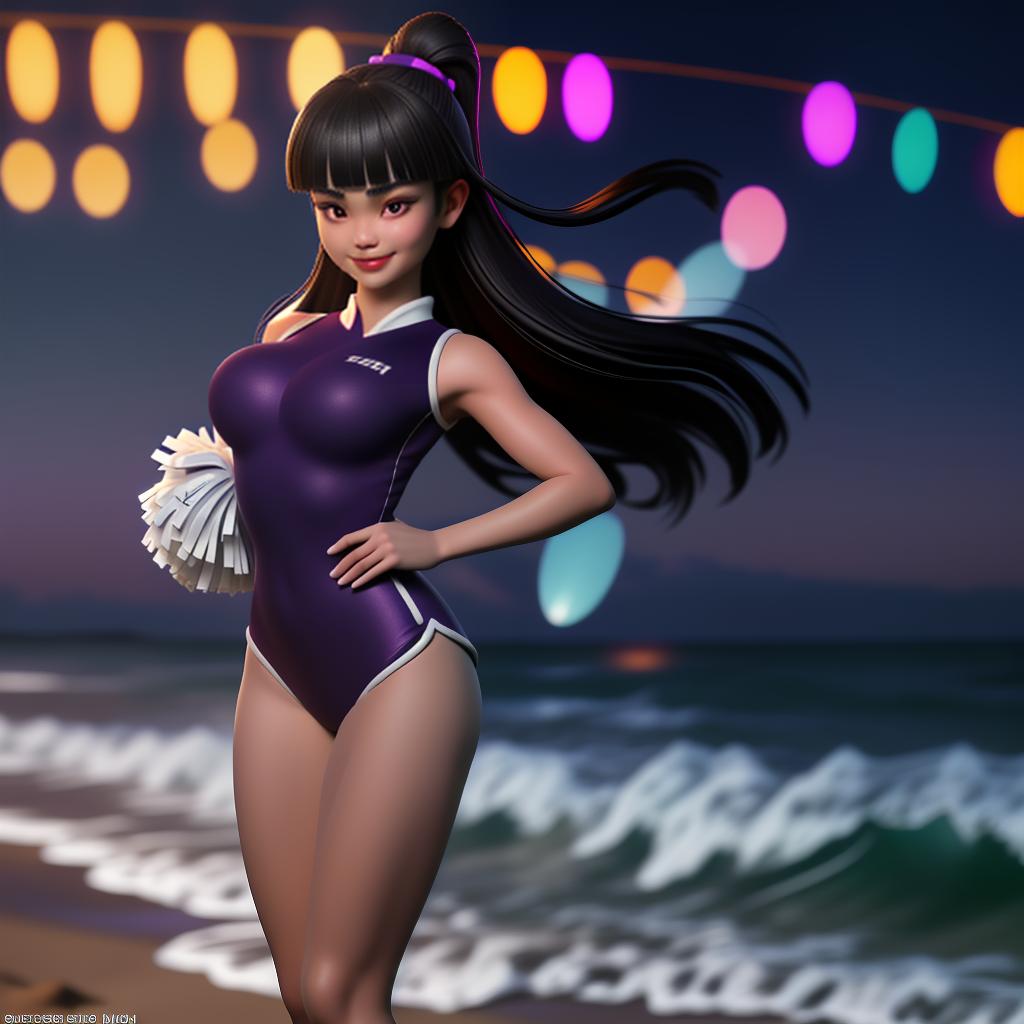  (full-body photo), a Thai woman wearing a cheerleader outfit standing on the beach party, black long blunt bangs, smile, lipstick, purple cheerleader outfit, beach, at night, ((finely detailed face)), professional photoshoot, muse, perfect anatomy, perfectly shapely body, detailed background, perfect body parts, perfect proportions, hyper-realism, professional compositions, perfect lighting, masterpiece, award winning, 8k, best quality, hyperrealistic