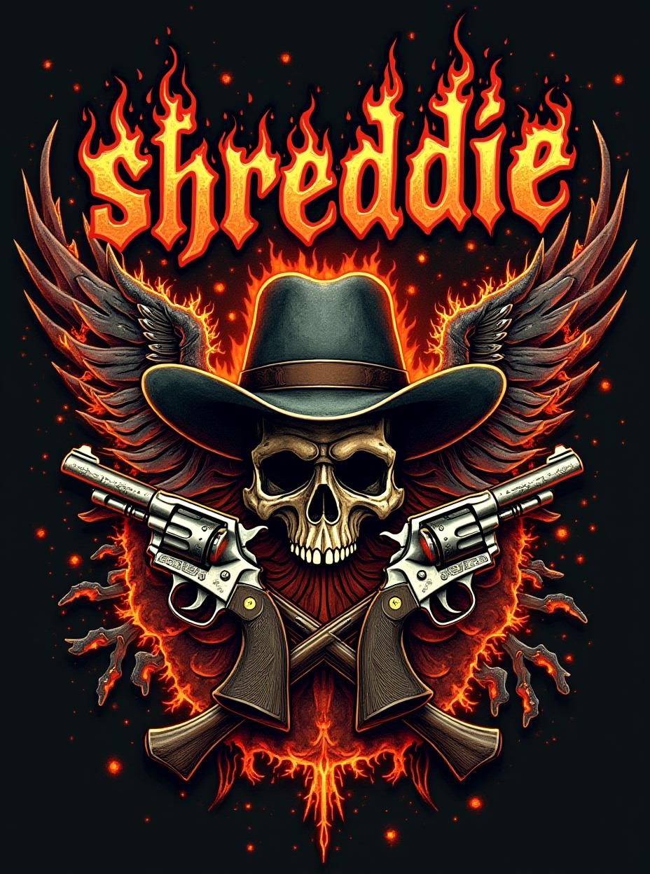  good quality, high quality, metal shirt design. fire and melting elements are part of design. organs are strewn about. the letters "shreddie" on top of the design. wild western themes and design elements are on the shirt as well. revolvers and outlaw elements.