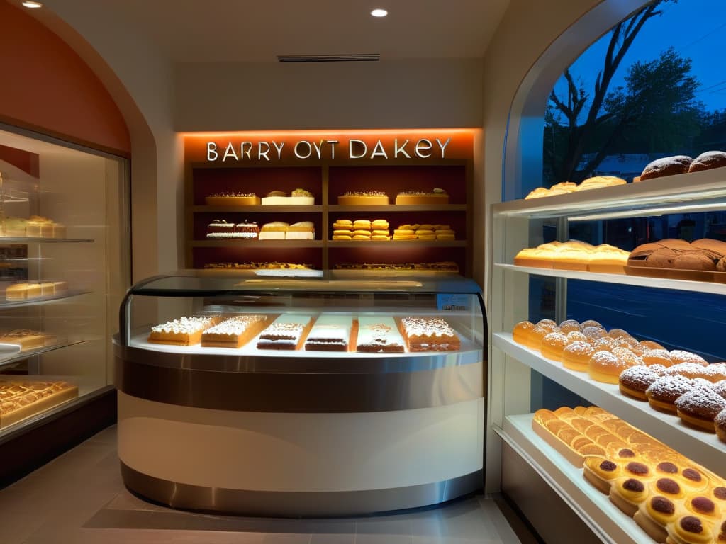  A highresolution, ultradetailed image of a sleek, minimalist bakery storefront at dusk, featuring large windows displaying whimsical, themed cake displays with intricate frosting designs. The storefront is illuminated with warm, inviting light, casting a soft glow on the meticulously arranged pastries and desserts inside. The overall aesthetic is modern yet cozy, with a focus on the artistry and creativity of themed merchandising in a bakery setting. hyperrealistic, full body, detailed clothing, highly detailed, cinematic lighting, stunningly beautiful, intricate, sharp focus, f/1. 8, 85mm, (centered image composition), (professionally color graded), ((bright soft diffused light)), volumetric fog, trending on instagram, trending on tumblr, HDR 4K, 8K