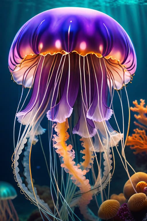  Jellyfish hyperrealistic, full body, detailed clothing, highly detailed, cinematic lighting, stunningly beautiful, intricate, sharp focus, f/1. 8, 85mm, (centered image composition), (professionally color graded), ((bright soft diffused light)), volumetric fog, trending on instagram, trending on tumblr, HDR 4K, 8K