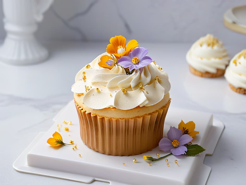  An ultradetailed closeup image of a perfectly frosted cupcake, topped with delicate edible flowers and gold leaf flakes, set against a sleek, modern marble background. The frosting is piped in intricate swirls, showcasing precision and skill, while the soft natural light highlights the textures and colors of the dessert, creating a visually striking and elegant composition. hyperrealistic, full body, detailed clothing, highly detailed, cinematic lighting, stunningly beautiful, intricate, sharp focus, f/1. 8, 85mm, (centered image composition), (professionally color graded), ((bright soft diffused light)), volumetric fog, trending on instagram, trending on tumblr, HDR 4K, 8K