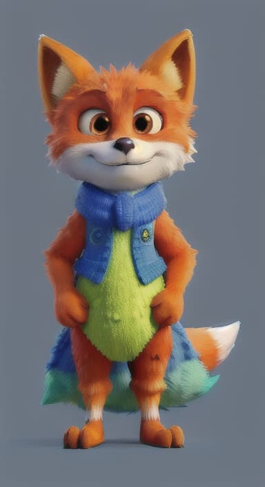  {Error the fox pressing the blue button with his paw, looking puzzled as nothing occurs., Error is a small, bright orange fox with a fluffy tail and big, inquisitive eyes. He has a mischievous yet kind expression and wears a tiny green scarf.