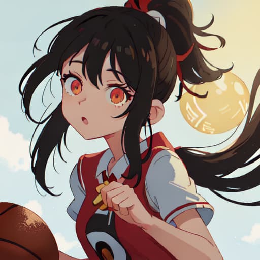  anime girl black hair bright dark brown eyes red and white basketball uniform with the number 18 and the name Nicky white and black shoes Have your hair in a medium high ponytail with two strands on the sides of your ears, have a basketball and look full body Pastel Palette, Da Vinci's Dreams, Picasso's , Sunrise Splendors, Floral Fantasy, Mystical Moonscapes, Urban Nature, Crystal Clear, Cinematic hyperrealistic, full body, detailed clothing, highly detailed, cinematic lighting, stunningly beautiful, intricate, sharp focus, f/1. 8, 85mm, (centered image composition), (professionally color graded), ((bright soft diffused light)), volumetric fog, trending on instagram, trending on tumblr, HDR 4K, 8K