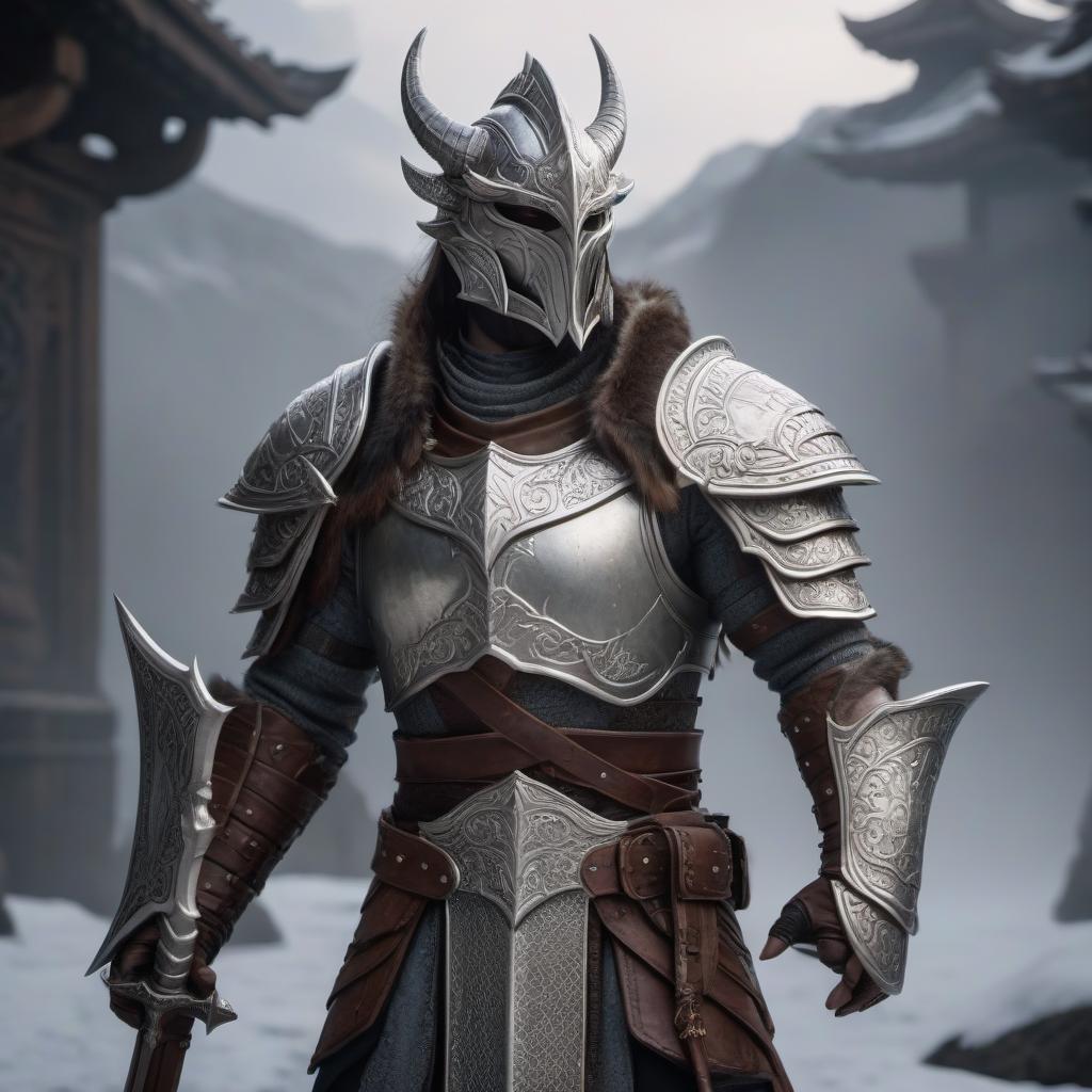  A silver skinned dragonborn A paladin with a shield and sword hyperrealistic, full body, detailed clothing, highly detailed, cinematic lighting, stunningly beautiful, intricate, sharp focus, f/1. 8, 85mm, (centered image composition), (professionally color graded), ((bright soft diffused light)), volumetric fog, trending on instagram, trending on tumblr, HDR 4K, 8K