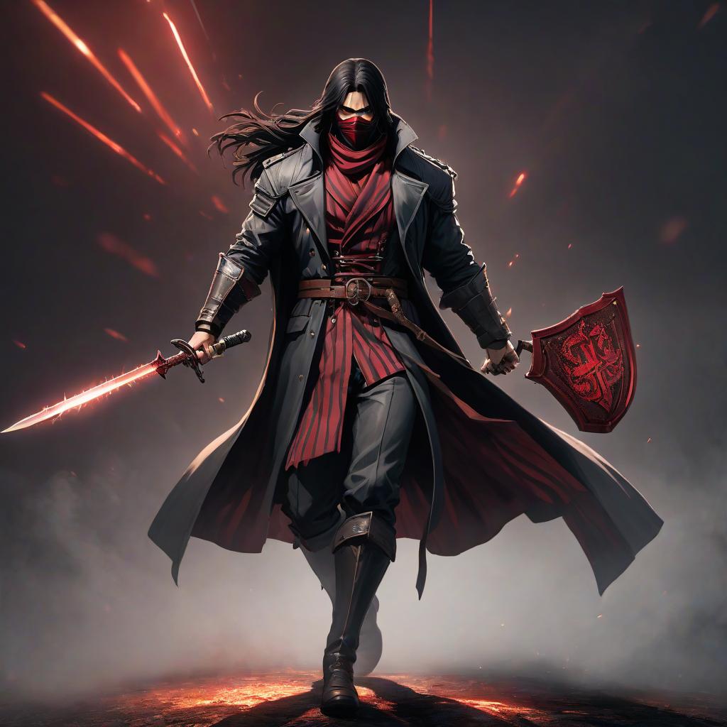  fighting game style A man, a mercenary, black long hair on his face, mask, dark trench coat with dark red stripes, round dark red magical aura behind, dark souls style, 4k, black background. . dynamic, vibrant, action packed, detailed character design, reminiscent of fighting video games hyperrealistic, full body, detailed clothing, highly detailed, cinematic lighting, stunningly beautiful, intricate, sharp focus, f/1. 8, 85mm, (centered image composition), (professionally color graded), ((bright soft diffused light)), volumetric fog, trending on instagram, trending on tumblr, HDR 4K, 8K