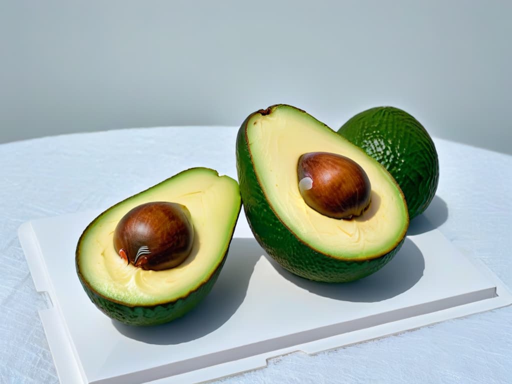  A closeup, ultradetailed image of a perfectly ripe avocado split in half, showcasing its creamy texture and vibrant green color. The image focuses on the intricate patterns of the avocado's flesh and the glossy richness of its natural oils, conveying a sense of freshness and healthiness. hyperrealistic, full body, detailed clothing, highly detailed, cinematic lighting, stunningly beautiful, intricate, sharp focus, f/1. 8, 85mm, (centered image composition), (professionally color graded), ((bright soft diffused light)), volumetric fog, trending on instagram, trending on tumblr, HDR 4K, 8K