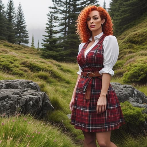  (show a picture of Erin in the Highlands)(She wears a long, red plaid dress that reaches her ankles, held by a dark brown leather belt at her waist. Her orange-red curly hair cascades down to her shoulders and she accessorizes herself with green clover earrings. She's standing in the verdant landscapes of the Highlands beneath azure skies with rugged hills and rocky terrain dotted around them.) Erin MacGregor : Come closer, Ty . I wanna show ye something that'll make yer heart race. hyperrealistic, full body, detailed clothing, highly detailed, cinematic lighting, stunningly beautiful, intricate, sharp focus, f/1. 8, 85mm, (centered image composition), (professionally color graded), ((bright soft diffused light)), volumetric fog, trending on instagram, trending on tumblr, HDR 4K, 8K