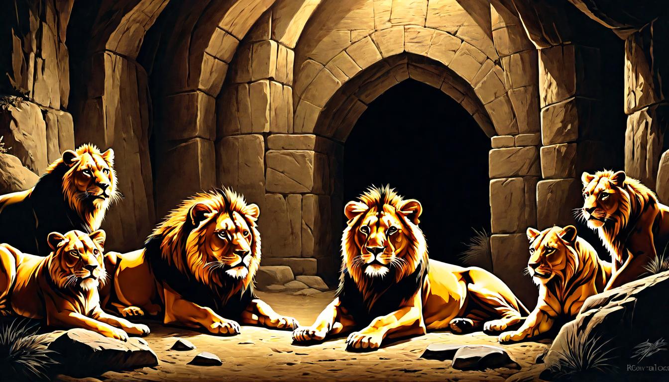  （surrealism)Daniel in a den, surrounded by lions, fierce expressions, teeth bared, shadows cast on walls, tension and peril, biblical mystic, intricate details, best quality)