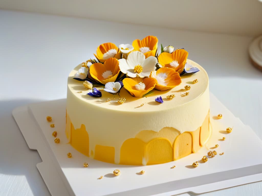  A closeup, ultradetailed image of a perfectly plated dessert in a minimalist style. The dessert features intricate layers of sponge cake, creamy filling, and a glossy glaze, all elegantly garnished with delicate edible flowers and gold leaf accents. The focus is on the textures and details, showcasing the artistry and skill involved in creating a fusion pastry masterpiece. hyperrealistic, full body, detailed clothing, highly detailed, cinematic lighting, stunningly beautiful, intricate, sharp focus, f/1. 8, 85mm, (centered image composition), (professionally color graded), ((bright soft diffused light)), volumetric fog, trending on instagram, trending on tumblr, HDR 4K, 8K