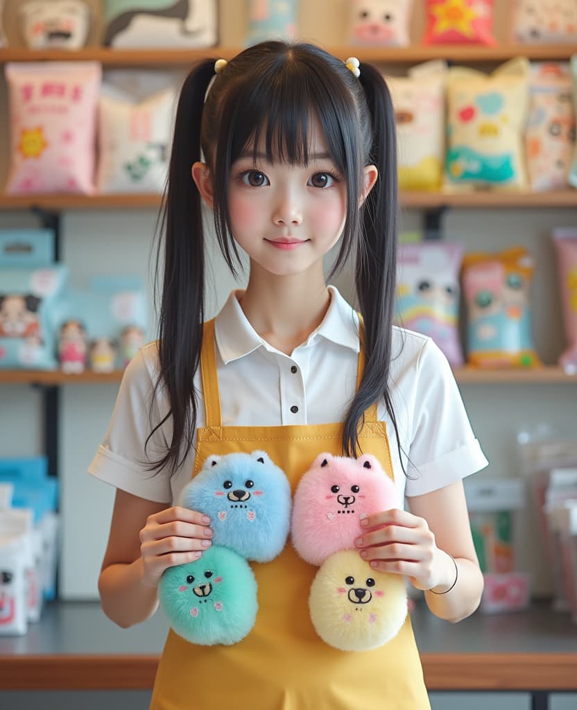  good quality, high quality, real half body photograph of a beautiful japanese 5th grade girl, skinny with a flat , dark hair with long cute twintails, wearing a skimpy japanese uniform that shows her midriff and , working as a clerk in a used show, holding multiple pair of cute of pastel colors with animals drawn on them. real photo, professional photograph, 4k, detailed, 85mm lens