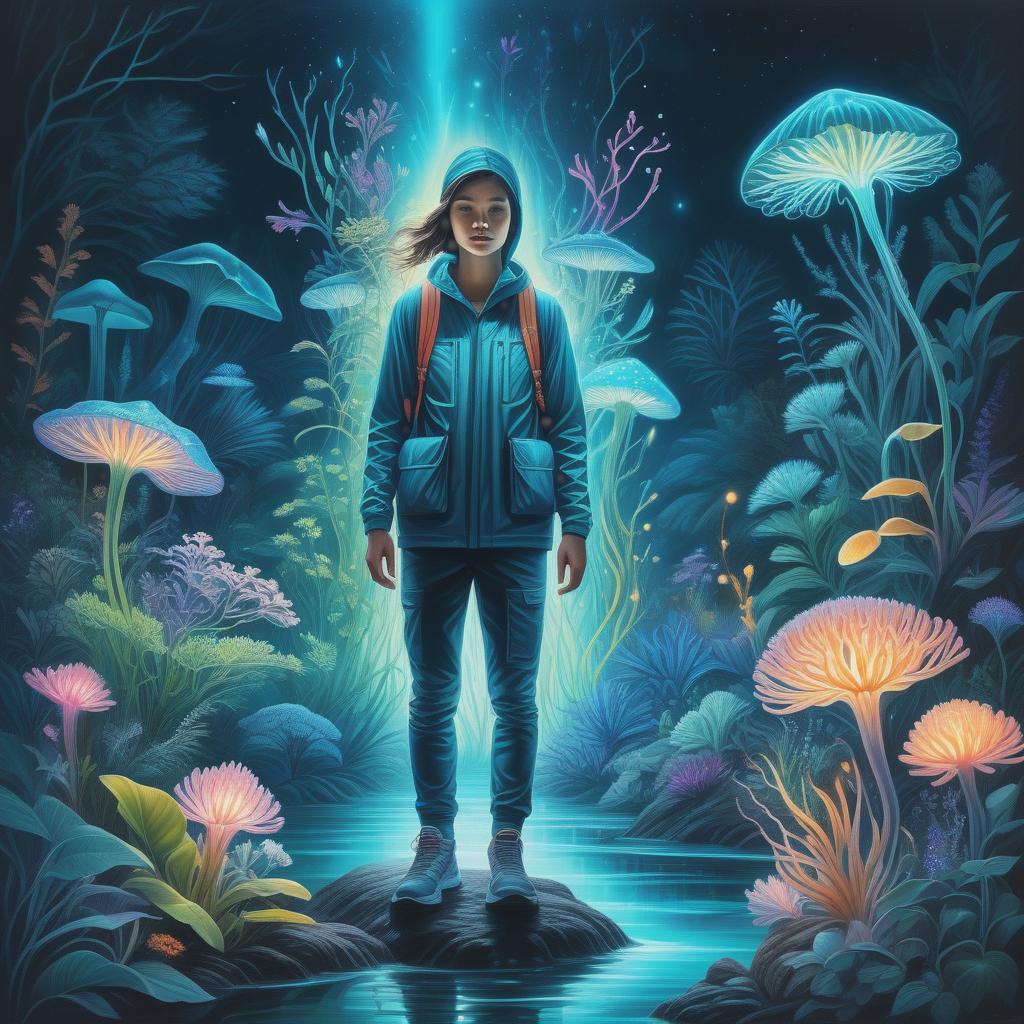  Ultra detailed illustration of a person lost in a magical world of wonders, glowy, bioluminescent flora, incredibly detailed, pastel colors, handpainted strokes, visible strokes, oil paint, art by Mschiffer, night, bioluminescence, ultrarealistic, hyperrealistice, hyperdetailed hyperrealistic, full body, detailed clothing, highly detailed, cinematic lighting, stunningly beautiful, intricate, sharp focus, f/1. 8, 85mm, (centered image composition), (professionally color graded), ((bright soft diffused light)), volumetric fog, trending on instagram, trending on tumblr, HDR 4K, 8K