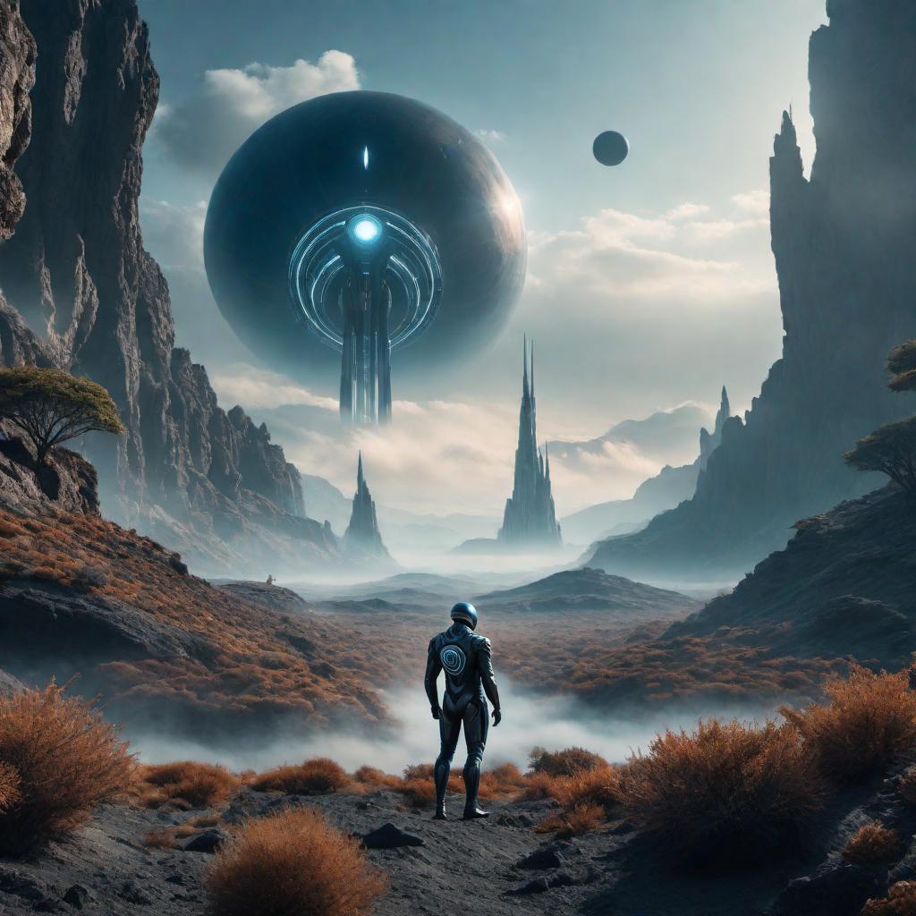  A creative visualization of a fictional alien encounter, showing a mysterious extraterrestrial being in a futuristic landscape. hyperrealistic, full body, detailed clothing, highly detailed, cinematic lighting, stunningly beautiful, intricate, sharp focus, f/1. 8, 85mm, (centered image composition), (professionally color graded), ((bright soft diffused light)), volumetric fog, trending on instagram, trending on tumblr, HDR 4K, 8K