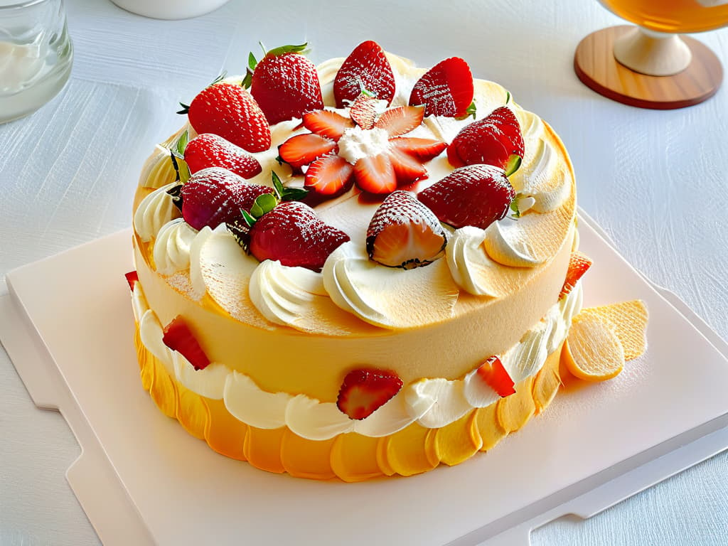  A closeup, ultradetailed photograph of a delicate and intricate tres leches cake, showcasing the smooth texture of the soaked sponge layers, topped with a thin layer of whipped cream and fresh strawberries arranged in a visually appealing pattern. The minimalistic style focuses on the elegant simplicity of the dessert, emphasizing the rich cultural influence of Latin American pastries on global culinary trends. hyperrealistic, full body, detailed clothing, highly detailed, cinematic lighting, stunningly beautiful, intricate, sharp focus, f/1. 8, 85mm, (centered image composition), (professionally color graded), ((bright soft diffused light)), volumetric fog, trending on instagram, trending on tumblr, HDR 4K, 8K