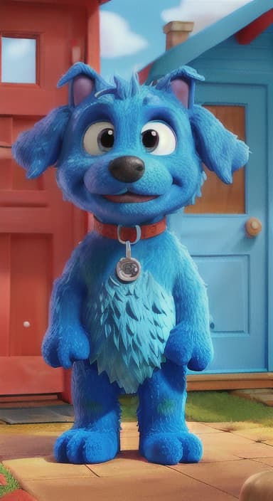  {Max the big blue dog standing in front of a cozy little house with a red door, The big blue dog is large with sky blue fur, big round eyes, a black nose, and floppy ears.