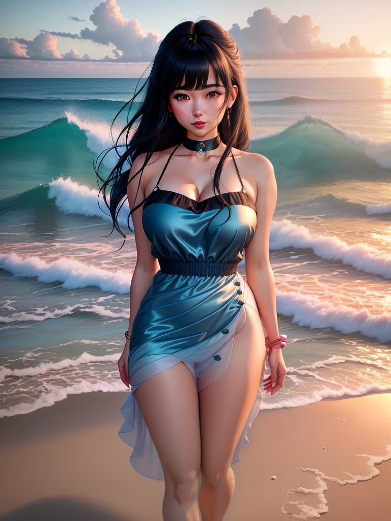  An cute and anime wearing blue china dress, black mid length hair with bangs, bare shoulders, bare arms, exudes feminine charm, greeny eyes with attractive lashes, full subtle mauve lipstick, large s covered by curved fit dress, blush, expression on face Background:serene beach at sunrise, soft golden sunlight reflecting on gentle waves, clear blue sky with light clouds, seashells scattered along the sandy shore, tranquil ocean horizon, seagulls in the distance, peaceful, pristine natural setting, soft foam on the edge of the waves, warm and inviting atmosphere, undisturbed shoreline. Dress:Pajama, no jewelry, crisp pink with a collar and cuff ons, loose pink pajama pants, black shin hyperrealistic, full body, detailed clothing, highly detailed, cinematic lighting, stunningly beautiful, intricate, sharp focus, f/1. 8, 85mm, (centered image composition), (professionally color graded), ((bright soft diffused light)), volumetric fog, trending on instagram, trending on tumblr, HDR 4K, 8K