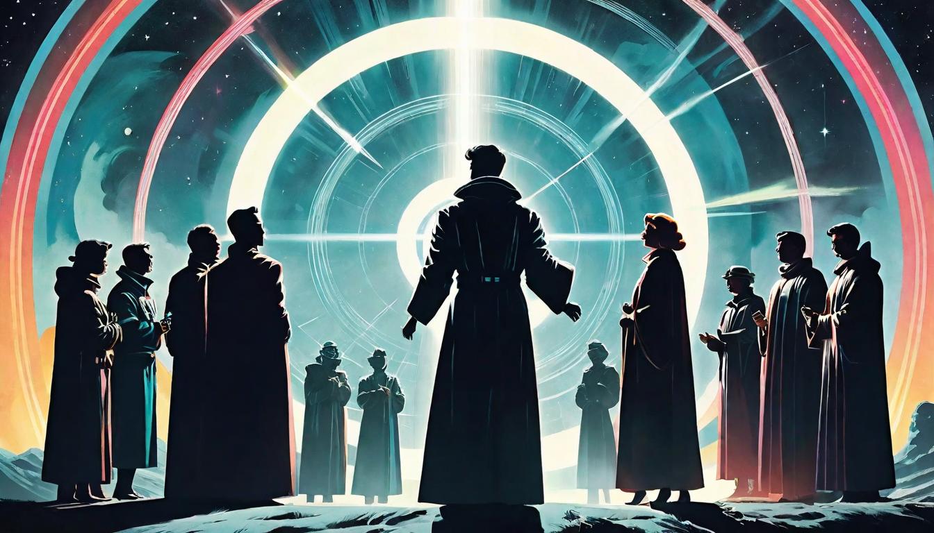  retro futuristic A circle of figures, arms raised, forming a ring of light in darkness. Gender not specified, wearing robes. Mood: embracing, collective mission. Style: soft illumination, unity in silhouette. lvintage sci fi, 50s and 60s style, atomic age, vibrant, highly detailed