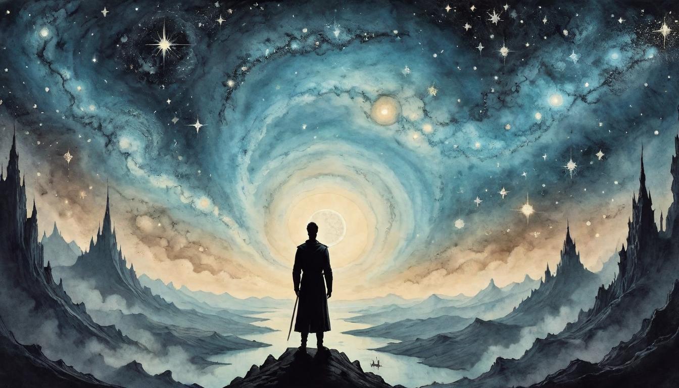  on parchment, surrealism+++, A silhouette of a person standing at the edge of an abyss, facing a vast universe filled with stars, the embodiment of a conduit for divine inspiration, the infinite within grasp, connection, the humility of being a creator(mysterious, provocative, symbolic,muted color)+++