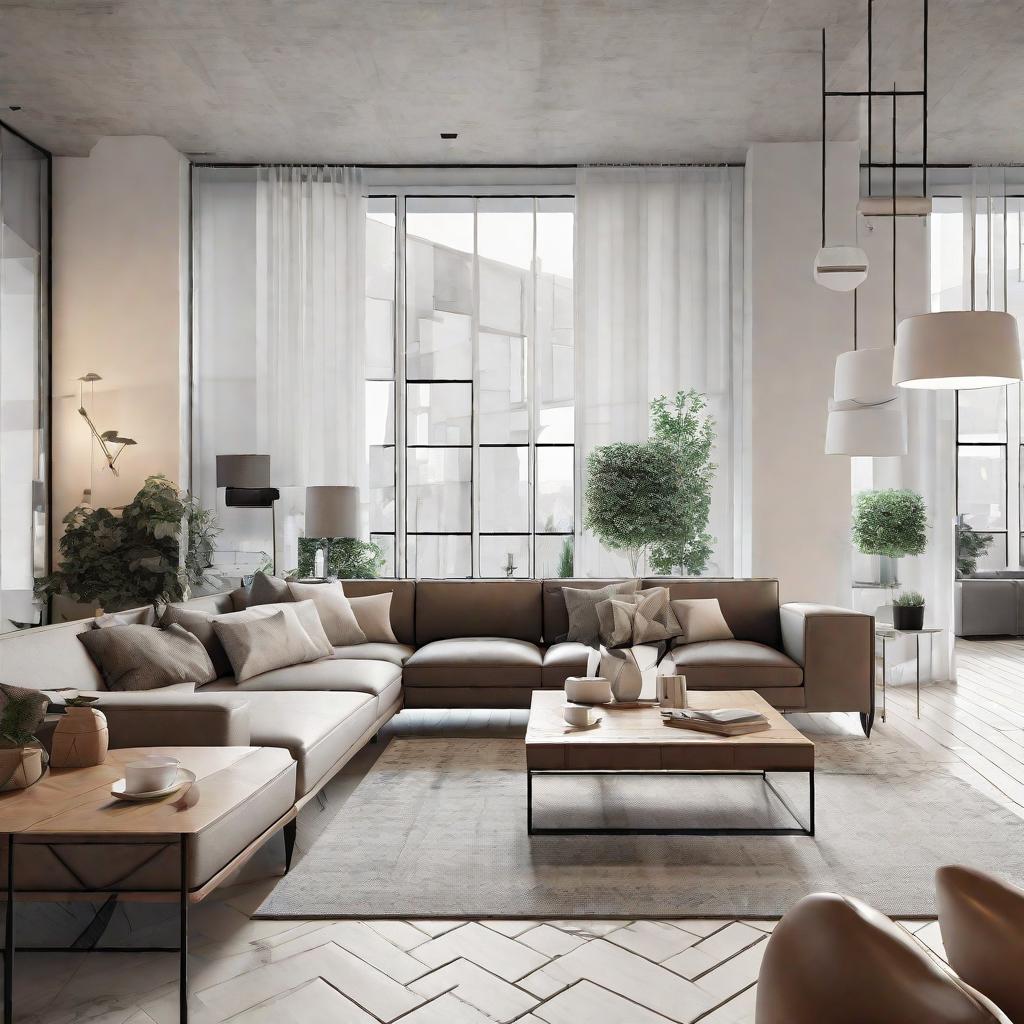  masterpiece, best quality, Best Quality, Masterpiece, 8k resolution,high resolution concept art of an apartment living room with floor to ceiling windows and modern furniture