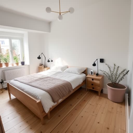  scandinavian style, scandinavian bedroom, interior design, masterpiece, wooden floor, perfectly shaped objects, highly detailed, simple shapes, straight shapes, null, <lora:scandinavian interior:0.6>