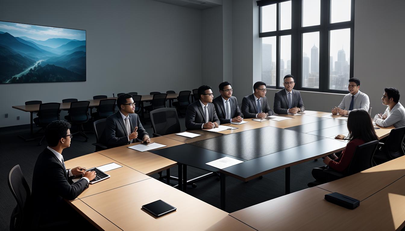  digital illustration, A conference table, diverse group of individuals discussing, figure in focus asking for advice, light shining on the individual, expressions of engagement and attentiveness, setting in a professional, modern environment, collaborative and inclusive atmosphere, looking at viewer, dynamic pose, (intricate details, masterpiece, best quality)