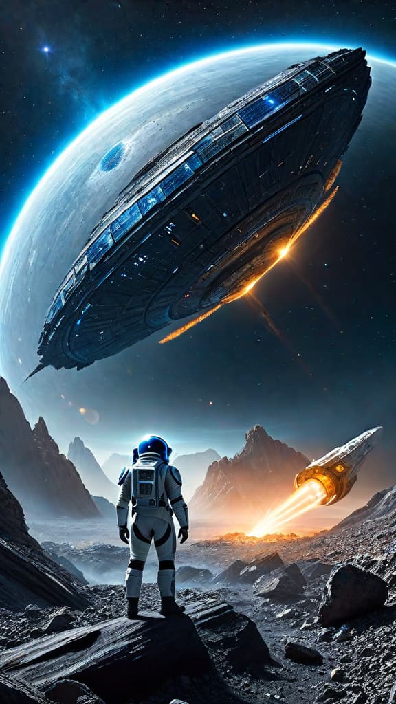  (A sleek, futuristic interstellar colony ship drifting silently through a vast, star studded void. Amidst the asteroid field, a young engineer in a white and blue uniform stands before a glowing, pulsating alien artifact partially buried in the rocky debris. The artifact appears to be emitting a mysterious energy and displaying a holographic map pointing to various distant celestial bodies.) hyperrealistic, full body, detailed clothing, highly detailed, cinematic lighting, stunningly beautiful, intricate, sharp focus, f/1. 8, 85mm, (centered image composition), (professionally color graded), ((bright soft diffused light)), volumetric fog, trending on instagram, trending on tumblr, HDR 4K, 8K