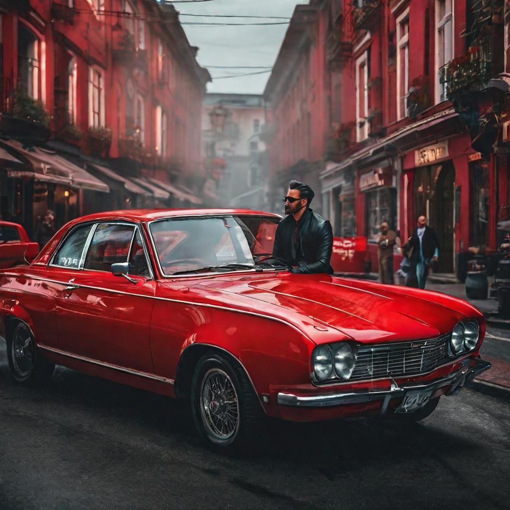  a man sitting in red car hyperrealistic, full body, detailed clothing, highly detailed, cinematic lighting, stunningly beautiful, intricate, sharp focus, f/1. 8, 85mm, (centered image composition), (professionally color graded), ((bright soft diffused light)), volumetric fog, trending on instagram, trending on tumblr, HDR 4K, 8K