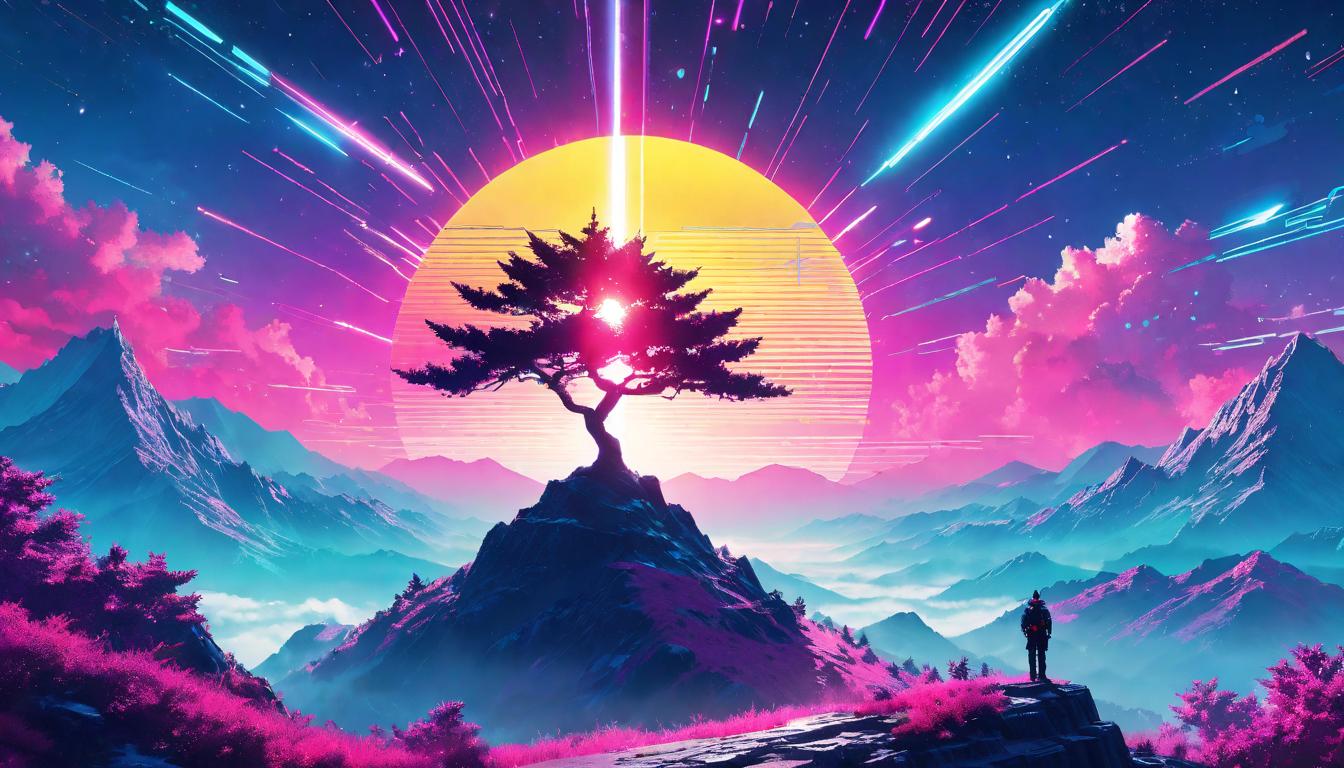  vaporwave,cyberpunk game style A mountaintop reaching high into a star speckled sky, a lone tree standing at its peak, radiating an ethereal light, symbolizing high vibrational existence, silent strength, natural majesty.eon, dystopian, futuristic, digital, vibrant, detailed, high contrast, reminiscent of cyberpunk genre video games,retro aesthetic, cyberpunk, vibrant, neon colors, vintage 80s and 90s style, highly detailed