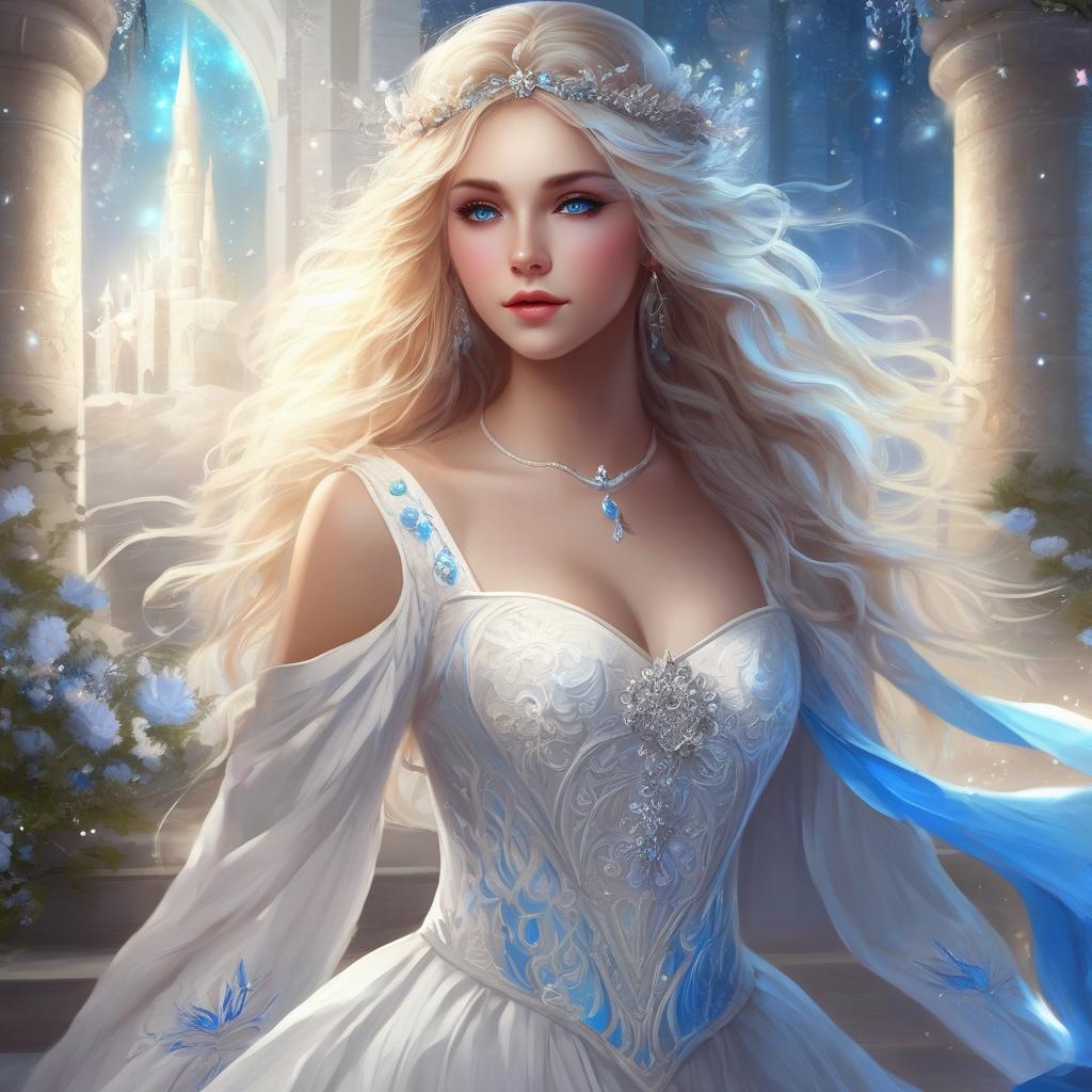  girl, light hair, blue eyes, white fantasy dress, magic