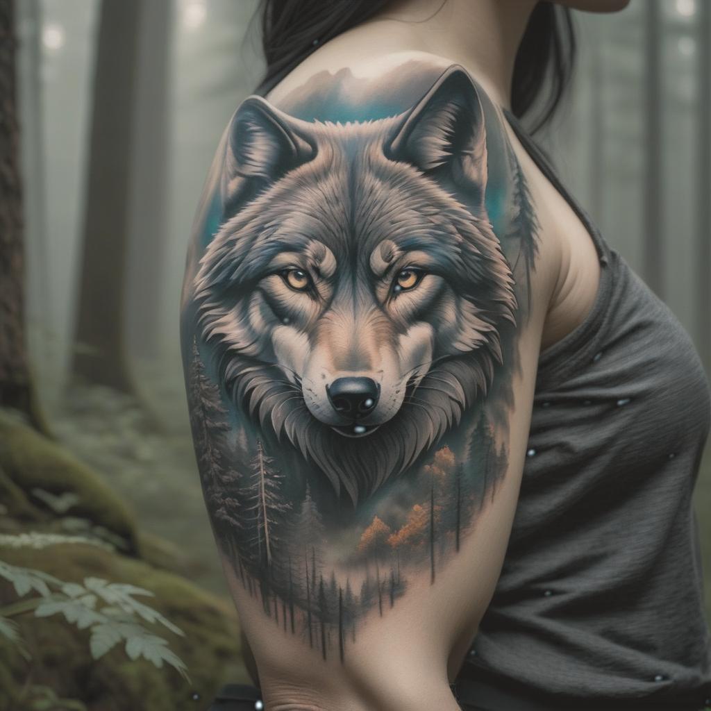  Sketch of a wolf tattoo in the forest. hyperrealistic, full body, detailed clothing, highly detailed, cinematic lighting, stunningly beautiful, intricate, sharp focus, f/1. 8, 85mm, (centered image composition), (professionally color graded), ((bright soft diffused light)), volumetric fog, trending on instagram, trending on tumblr, HDR 4K, 8K