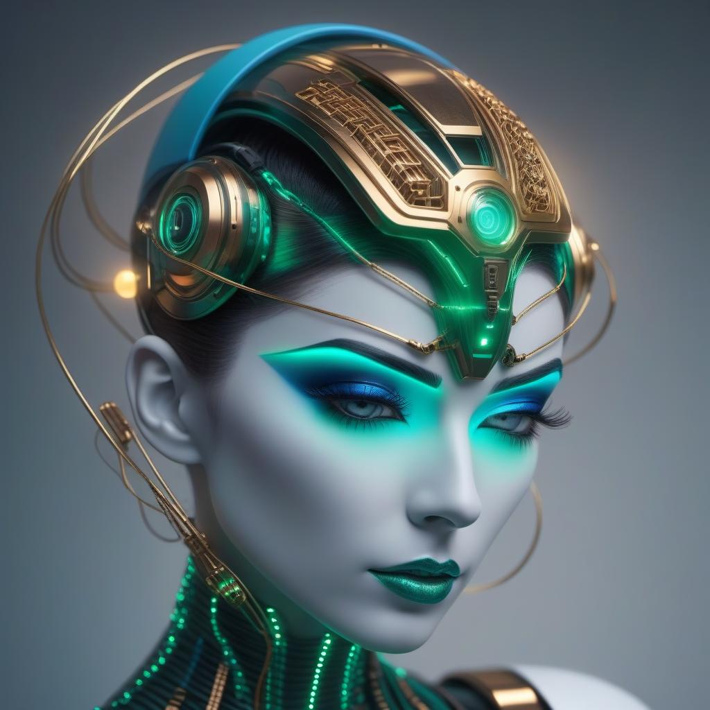  Your Prompt: a beautiful metal girl robot of the future, the wires hang out of her head, with blue green golden glow.Style art hyperrealistic, full body, detailed clothing, highly detailed, cinematic lighting, stunningly beautiful, intricate, sharp focus, f/1. 8, 85mm, (centered image composition), (professionally color graded), ((bright soft diffused light)), volumetric fog, trending on instagram, trending on tumblr, HDR 4K, 8K