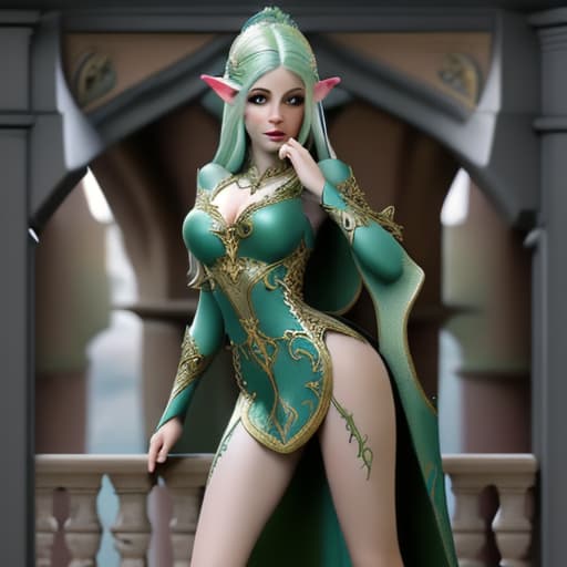  fantasy elven beautifull and opulent dress over balcony with her tight up watching out of castle on her kingdom