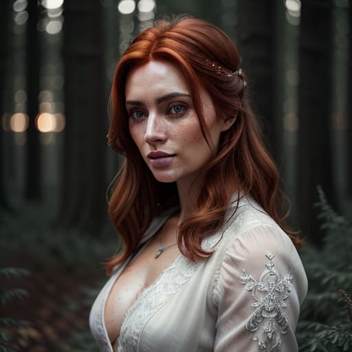  close up of a european woman, ginger hair, winter forest, natural skin texture, 24mm, 4k textures, soft cinematic light, RAW photo, photorealism, photorealistic, intricate, elegant, highly detailed, sharp focus, ((((cinematic look)))), soothing tones, insane details, intricate details, hyperdetailed, low contrast, soft cinematic light, dim colors, exposure blend, hdr, faded hyperrealistic, full body, detailed clothing, highly detailed, cinematic lighting, stunningly beautiful, intricate, sharp focus, f/1. 8, 85mm, (centered image composition), (professionally color graded), ((bright soft diffused light)), volumetric fog, trending on instagram, trending on tumblr, HDR 4K, 8K