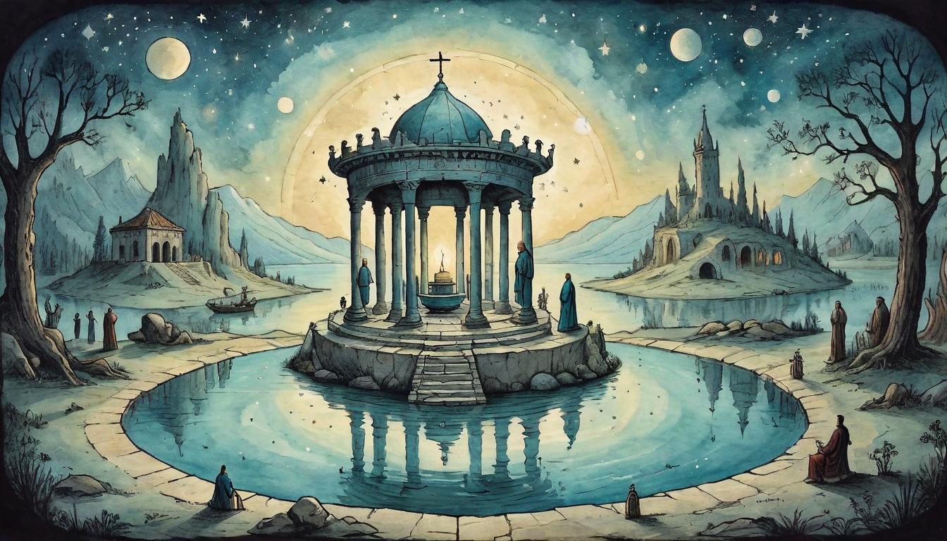  on parchment, surrealism+++, An ancient well, its waters reflecting the stars above, surrounded by travelers seeking knowledge rather than wealth, embodying wisdom and peace as the sources of true respect, wellspring of insight, celestial reflection.(mysterious, provocative, symbolic,muted color)+++