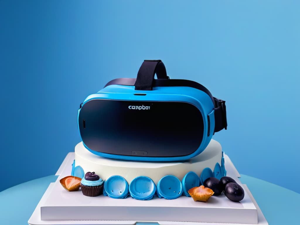  A minimalistic image of a sleek, futuristic virtual reality headset suspended in midair, surrounded by digital confectionery creations like cakes, pastries, and chocolates. The backdrop is a subtle gradient from deep blue to vibrant purple, giving the impression of a digital realm where baking and technology seamlessly merge. hyperrealistic, full body, detailed clothing, highly detailed, cinematic lighting, stunningly beautiful, intricate, sharp focus, f/1. 8, 85mm, (centered image composition), (professionally color graded), ((bright soft diffused light)), volumetric fog, trending on instagram, trending on tumblr, HDR 4K, 8K