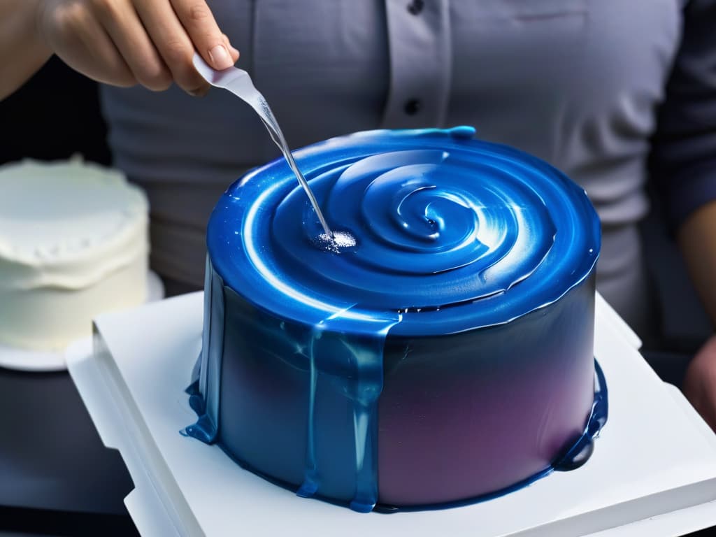  An ultradetailed photorealistic closeup image of a glossy mirror glaze being poured onto a perfectly smooth cake, capturing the reflection of a skilled baker's hands and the vibrant colors of the glaze as they seamlessly coat the cake's surface, showcasing a mesmerizing blend of blues, purples, and pinks swirling together in a flawless and captivating artistic display of glazing mastery. hyperrealistic, full body, detailed clothing, highly detailed, cinematic lighting, stunningly beautiful, intricate, sharp focus, f/1. 8, 85mm, (centered image composition), (professionally color graded), ((bright soft diffused light)), volumetric fog, trending on instagram, trending on tumblr, HDR 4K, 8K