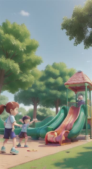  {Children playing in a sunny park with swings and slides., Same group of happy children, now wearing casual play clothes.