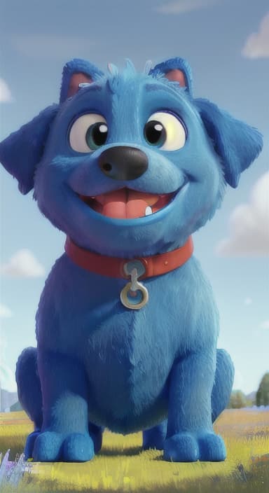  {A happy, big blue dog wagging its tail in a colorful meadow, The big blue dog is large with sky blue fur, big round eyes, a black nose, and floppy ears.