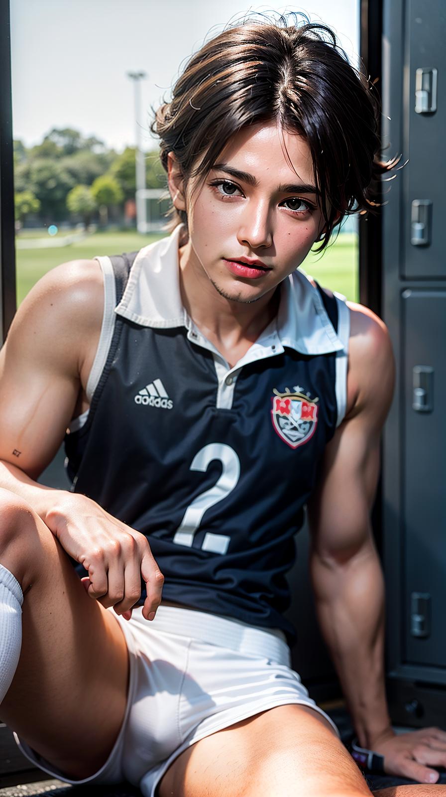  ultra high res, (photorealistic:1.4), raw photo, (realistic face), realistic eyes, (realistic skin), <lora:XXMix9_v20LoRa:0.8>, handsome, (male:2.3), (young soccer players:1.4), (pompadour:1.2), (white briefs:1.3), (sleeveless:1.2), spike shoes, (soccer shin guards:1.3), young, sitting posture, (spread legs:1.1), real skin, (sexy posing:1.3), hot guy, (muscular:1.3), (naked:1.1), (bulge:1.1), trained calves, thigh, realistic, lifelike, high quality, photos taken with a single-lens reflex camera, (looking at the camera:1.2), (locker room:1.1)