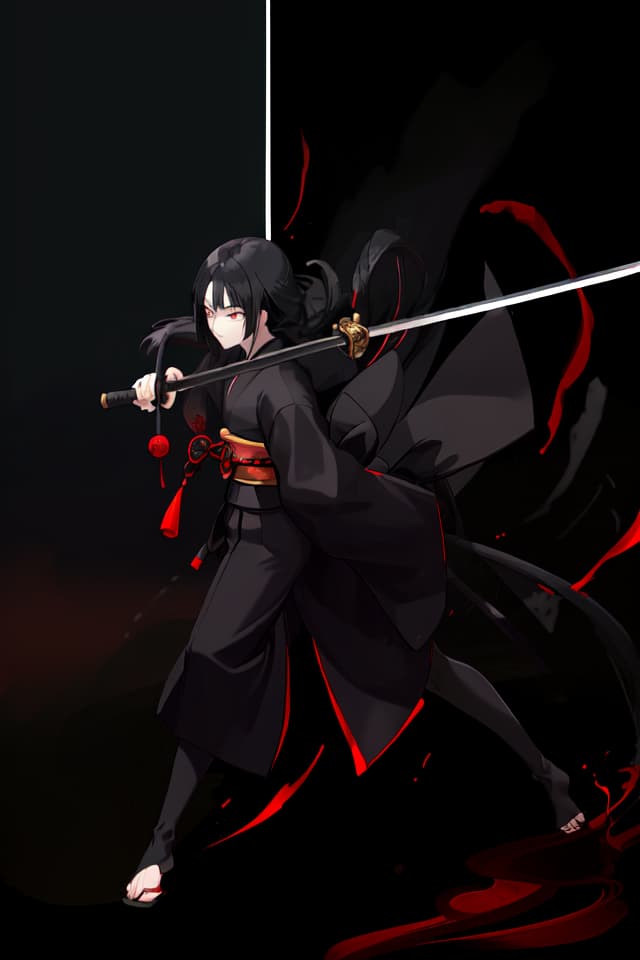  One , black kimono, black hair, black eyes, putting hair in the back, Japanese sword, long sword, hips, hold a sword, night, moon, serious expression, shadowy face, glowing eyes , Small s, slender, approaching, running, cutting, perspective, sprinting, stepping on, dust, winding wind, slashing