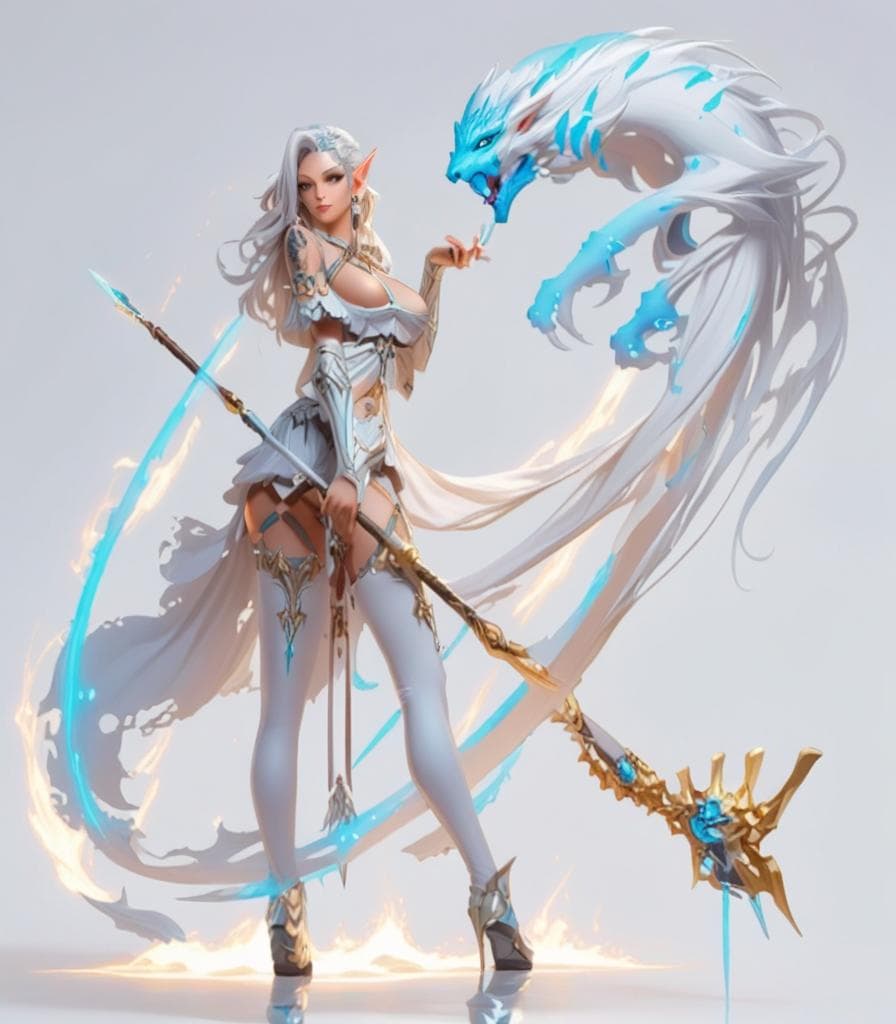 (masterpiece), (anime art), (high quality), (best quality), (detailed), hd, white background, perfect lighting, detailed face, detailed body, woman elf sorcerer, face tattoo, sexy, powerful