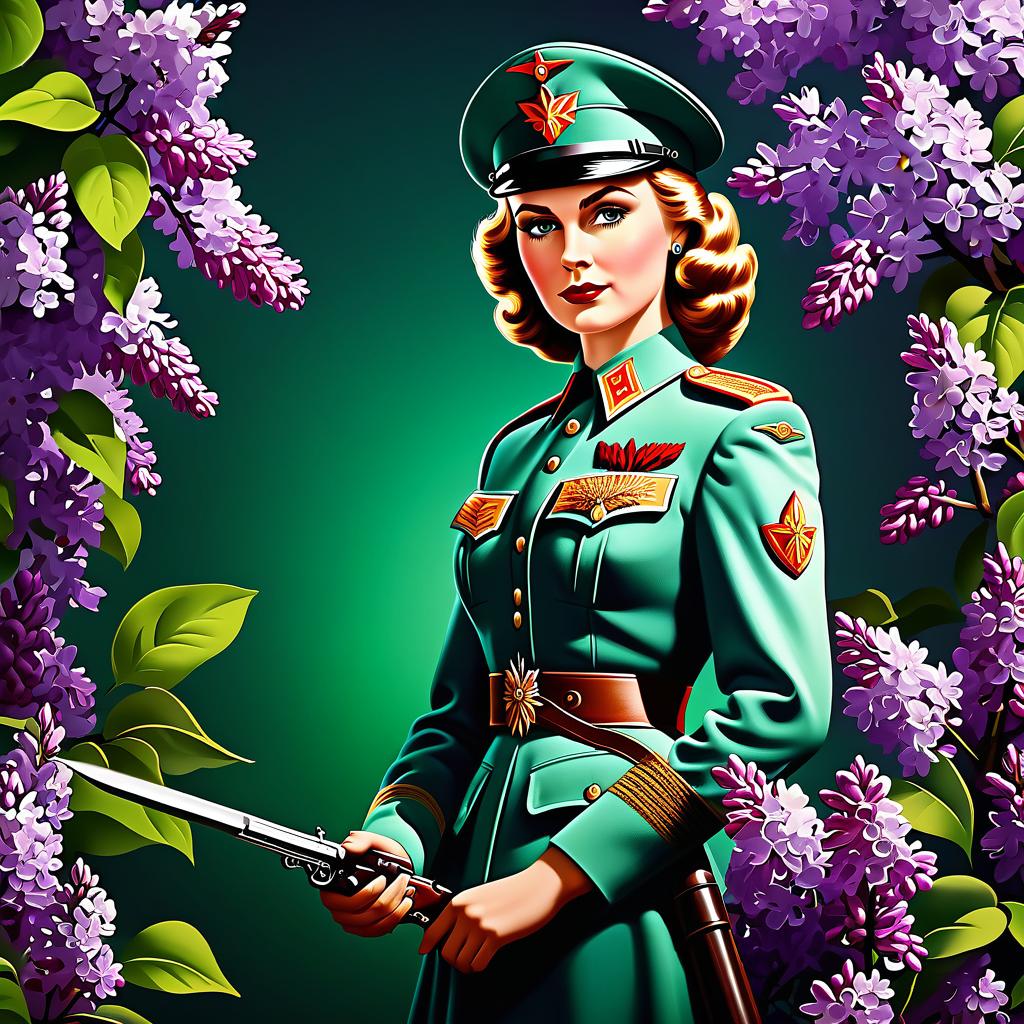  Advertising poster style Victory Day, warrior, postcard, covert, letter, salute, lilacs, 1945 May, spring. . Professional, modern, product focused, commercial, eye catching, highly detailed hyperrealistic, full body, detailed clothing, highly detailed, cinematic lighting, stunningly beautiful, intricate, sharp focus, f/1. 8, 85mm, (centered image composition), (professionally color graded), ((bright soft diffused light)), volumetric fog, trending on instagram, trending on tumblr, HDR 4K, 8K