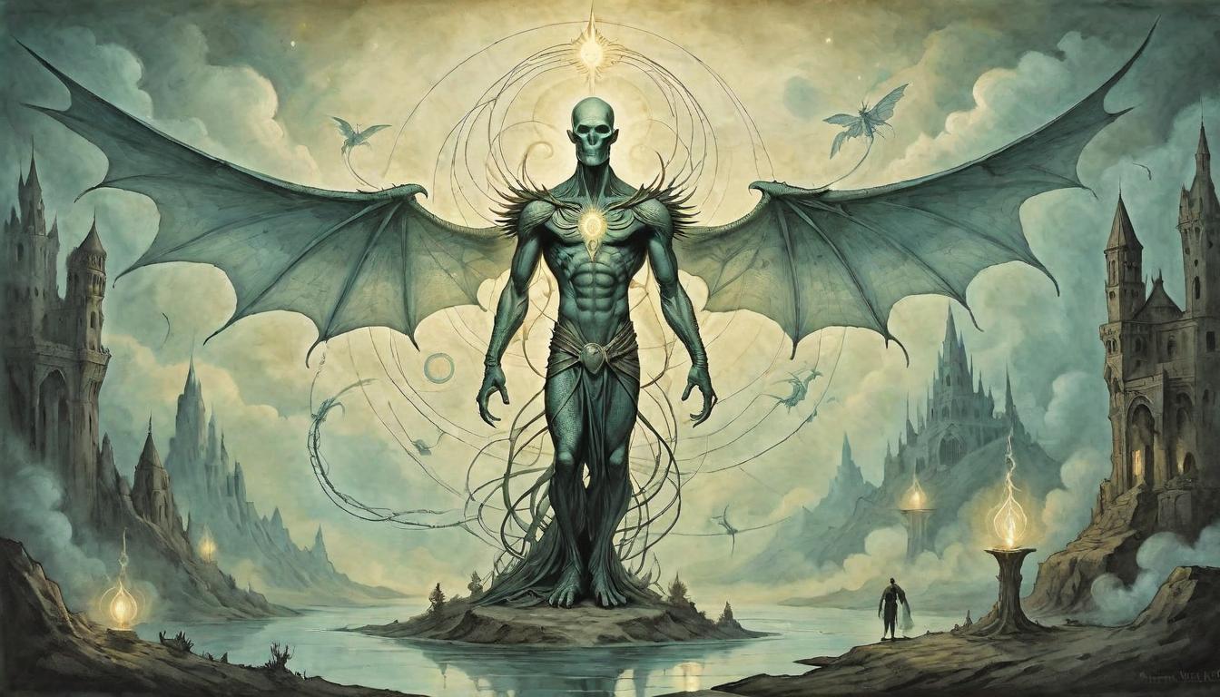  on parchment, surrealism+++, Reptilian figure standing firm on solid ground, human figure floating above with ethereal wings, connected by glowing threads, sense of grounded stability, ethereal light, harmonious(mysterious, provocative, symbolic,muted color)+++