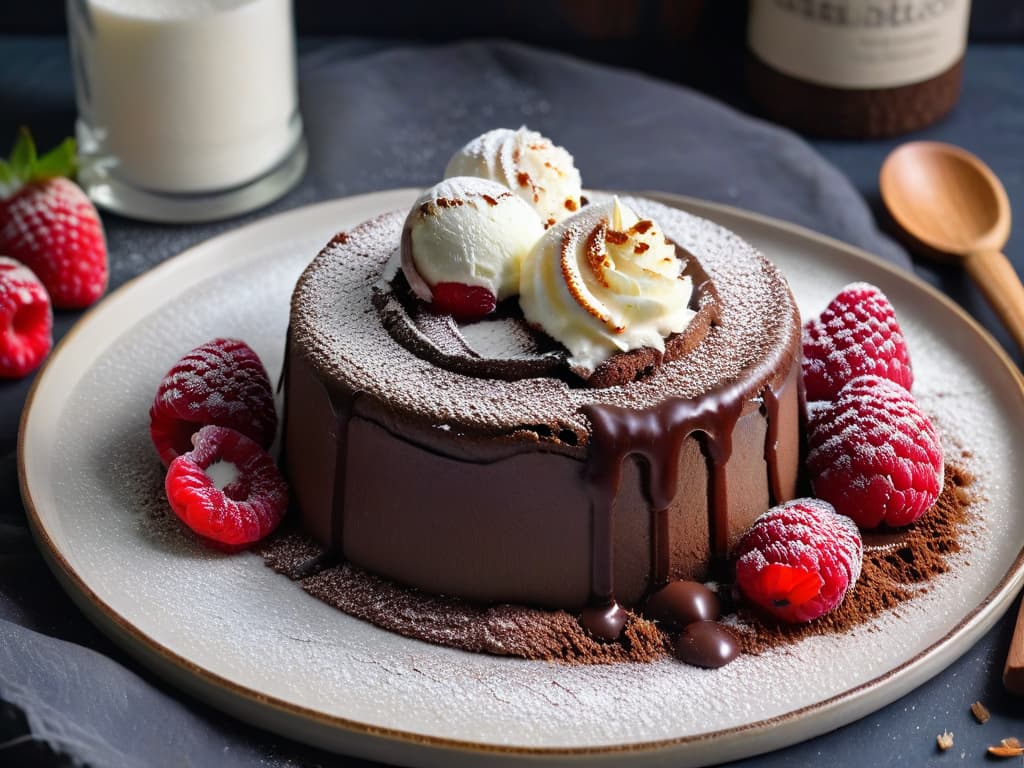  An ultradetailed image of a decadent vegan chocolate lava cake topped with a scoop of creamy dairyfree vanilla ice cream, dusted with cocoa powder, and garnished with fresh raspberries on a sleek white plate, set against a dark, moody backdrop illuminated with a soft, warm light. The cake oozes rich, velvety chocolate from the center, creating a mouthwatering and indulgent visual feast that perfectly captures the essence of winter desserts. hyperrealistic, full body, detailed clothing, highly detailed, cinematic lighting, stunningly beautiful, intricate, sharp focus, f/1. 8, 85mm, (centered image composition), (professionally color graded), ((bright soft diffused light)), volumetric fog, trending on instagram, trending on tumblr, HDR 4K, 8K