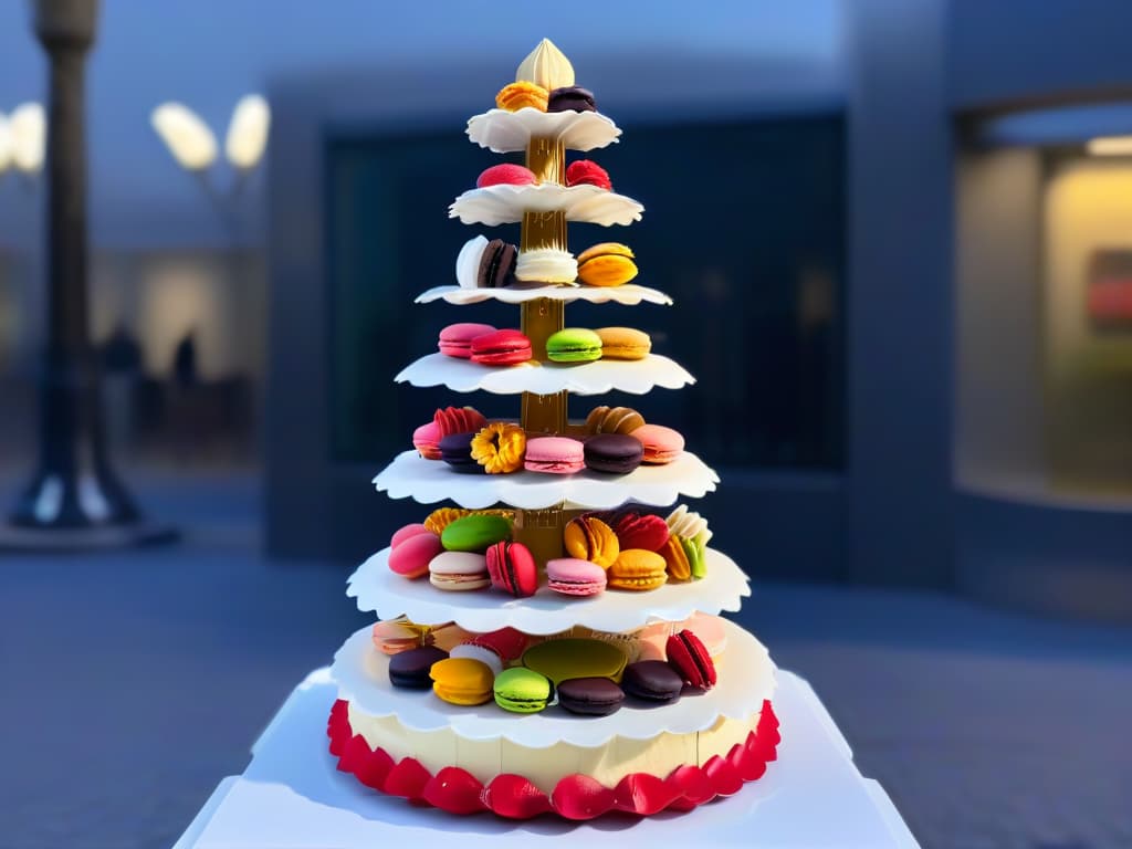  An ultradetailed, 8k resolution image of a beautifully intricate macaron tower, showcasing a variety of vibrant colors and delicate designs that represent different global flavors. Each macaron is meticulously crafted and placed to create a stunning visual display that embodies the essence of international pastry artistry. hyperrealistic, full body, detailed clothing, highly detailed, cinematic lighting, stunningly beautiful, intricate, sharp focus, f/1. 8, 85mm, (centered image composition), (professionally color graded), ((bright soft diffused light)), volumetric fog, trending on instagram, trending on tumblr, HDR 4K, 8K