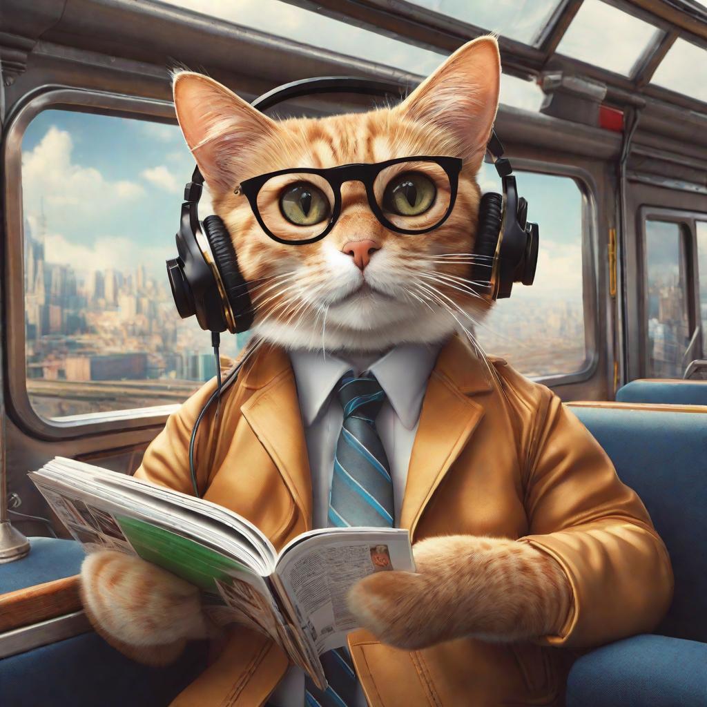  Realistic image of a cat wearing headphones and reading glasses while riding a bus., pixar hyperrealistic, full body, detailed clothing, highly detailed, cinematic lighting, stunningly beautiful, intricate, sharp focus, f/1. 8, 85mm, (centered image composition), (professionally color graded), ((bright soft diffused light)), volumetric fog, trending on instagram, trending on tumblr, HDR 4K, 8K