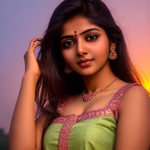  Indian beautiful woman portrait glow soft lighting sunset sky background cute face, fair skin, sexy structure, homely look