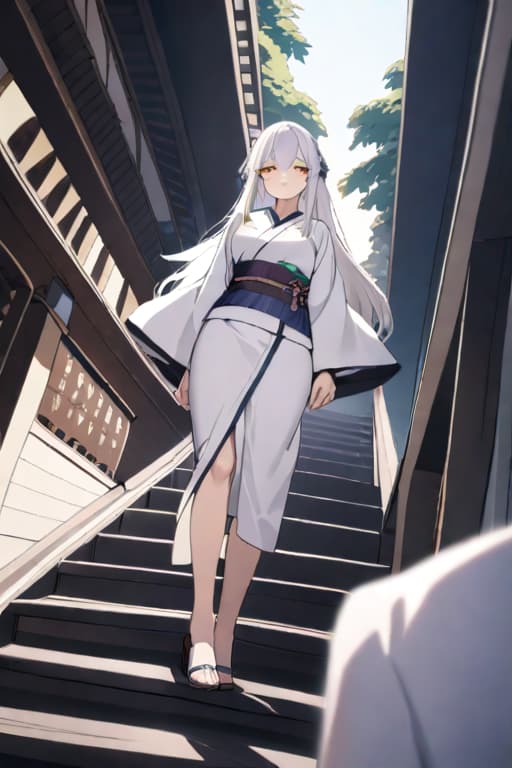  masterpiece, best quality, 1girl, yellow eyes, long hair, white hair, tree, stairs, standing, kimono, sky, cherry blossoms, temple, looking at viewer, upper body, from below, looking back hyperrealistic, full body, detailed clothing, highly detailed, cinematic lighting, stunningly beautiful, intricate, sharp focus, f/1. 8, 85mm, (centered image composition), (professionally color graded), ((bright soft diffused light)), volumetric fog, trending on instagram, trending on tumblr, HDR 4K, 8K